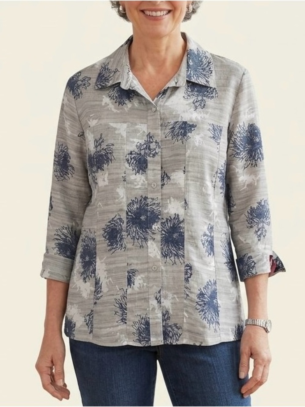 Drapers & Damons Women XL Shirt Gray Blue Floral Button Up Jacket Blouse Shacket